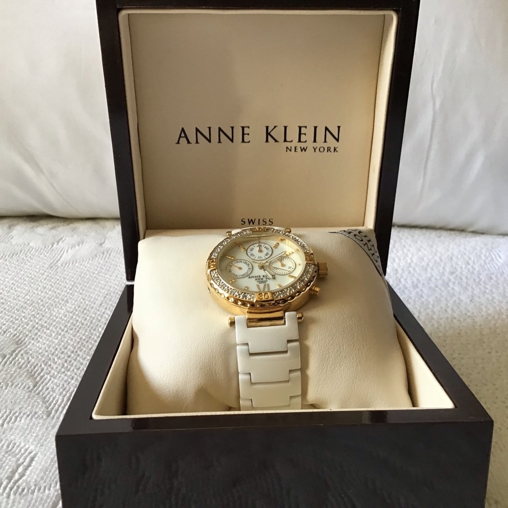 Anne Klein Swiss genuine diamond gold tone white ceramic mother of pearl watch - Picture 2 of 12